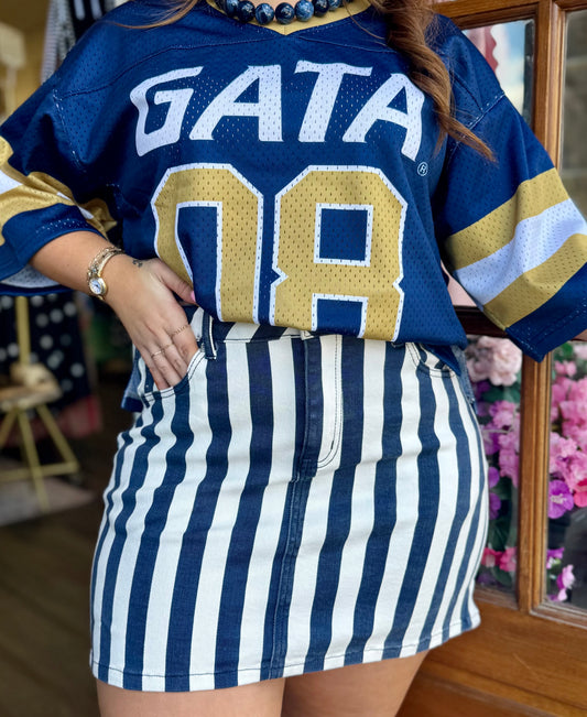 Navy Striped Denim Skirt
