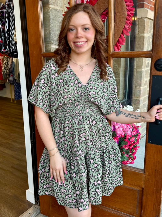Leopard Drop Shoulder Smocked Dress