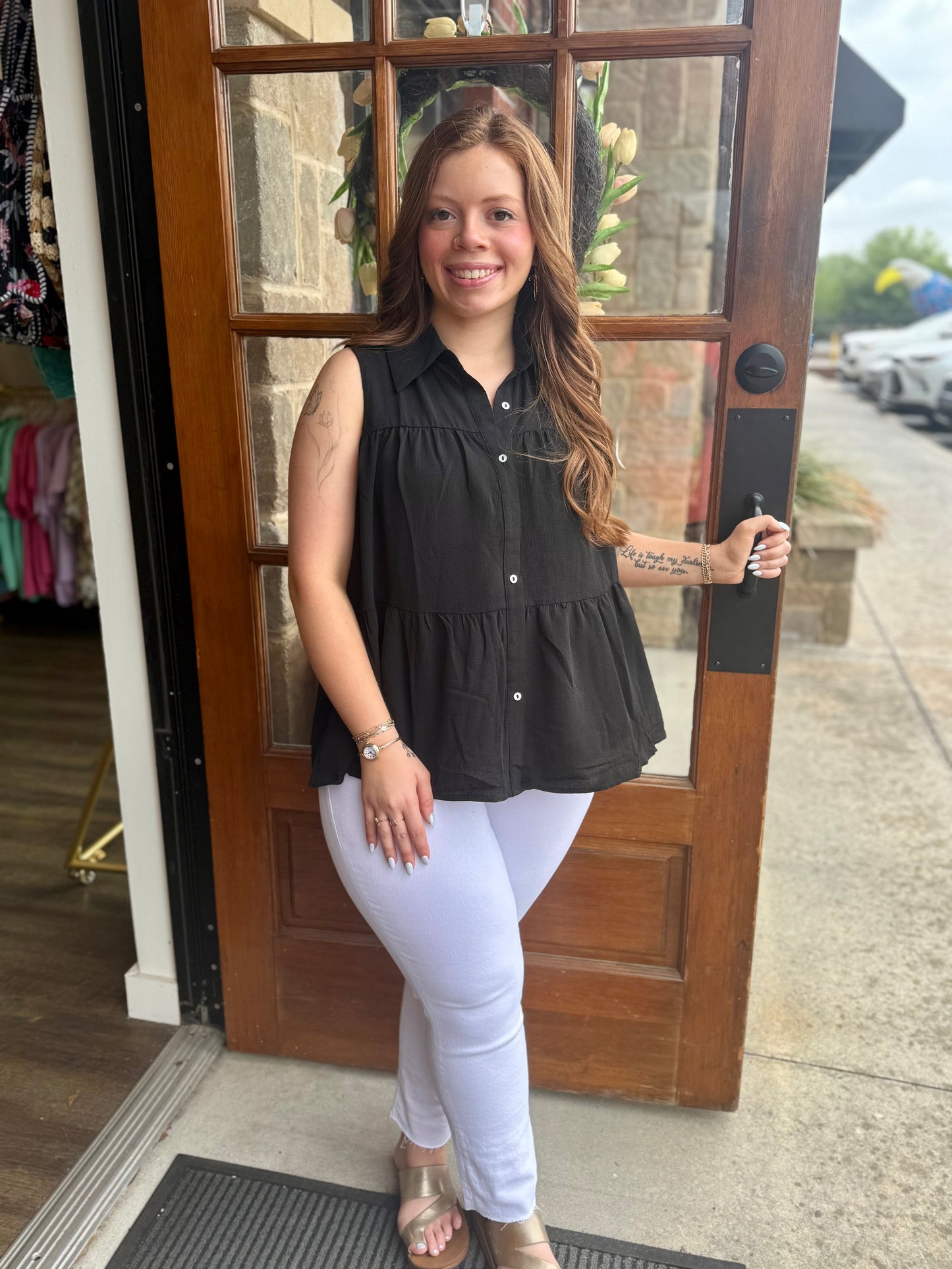 Black Sleeveless Tiered Button Down Top
