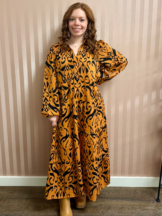 Plus Printed Long Sleeve Split Collar Maxi Dress