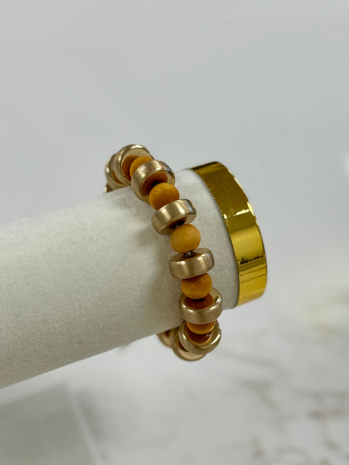 Gold Bar & Wood Beaded Stretch Bracelet