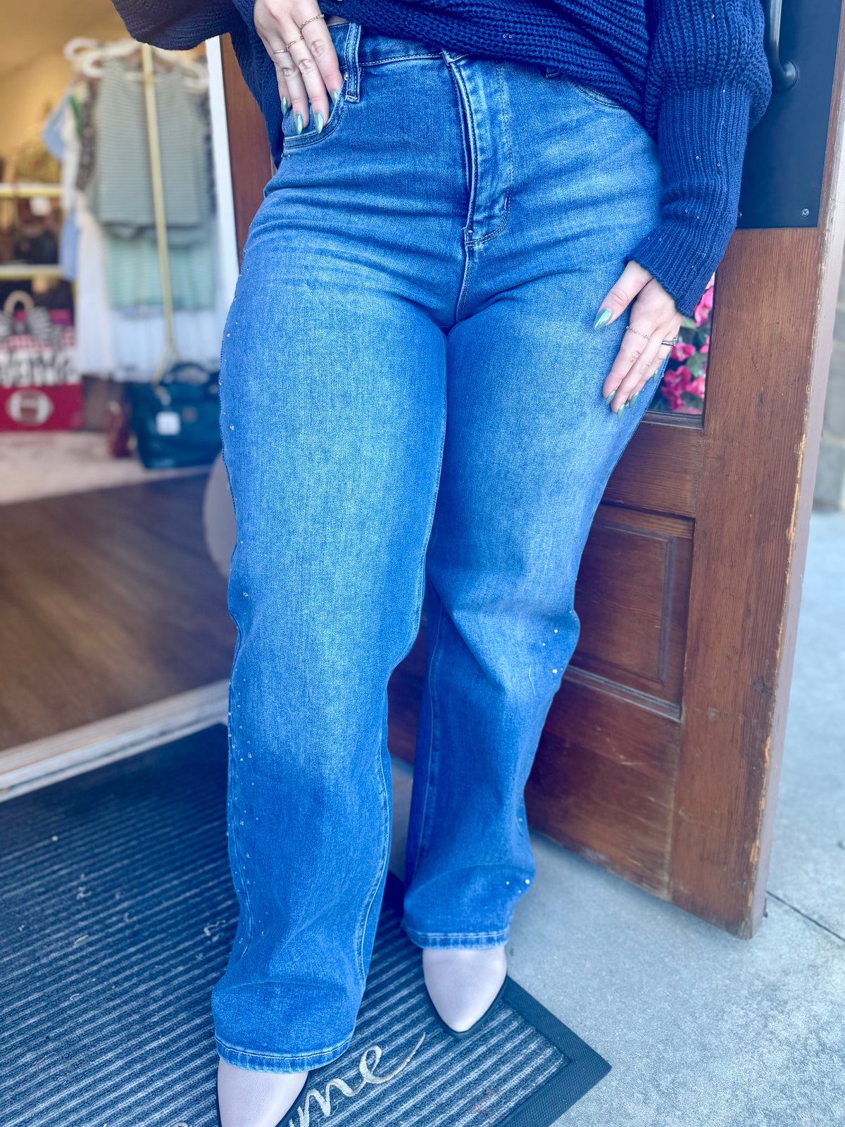 High Rise Wide Leg Jeans w/ Rhinestones