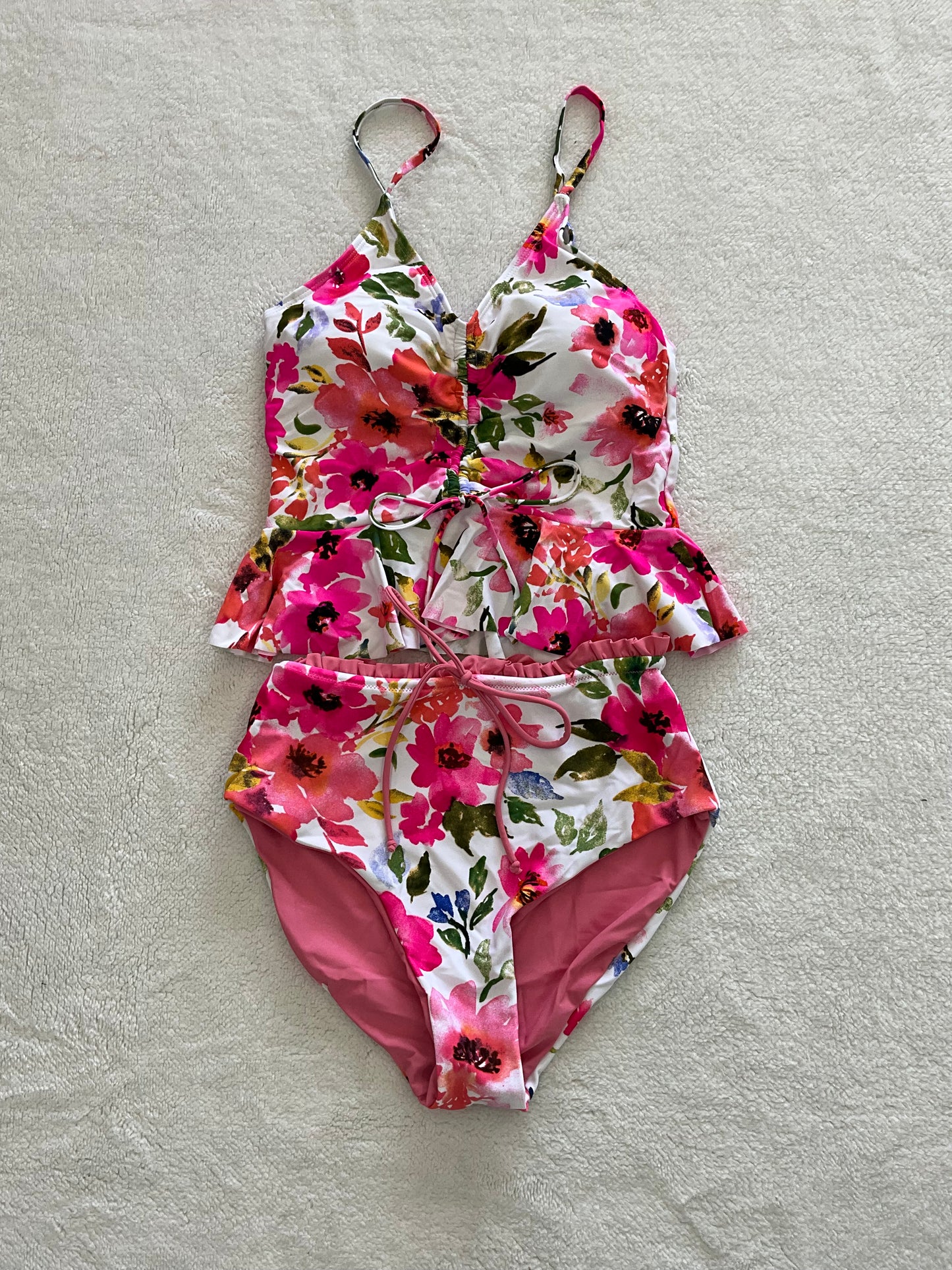 Pink Floral Peplum Tankini With Reversible Bottom