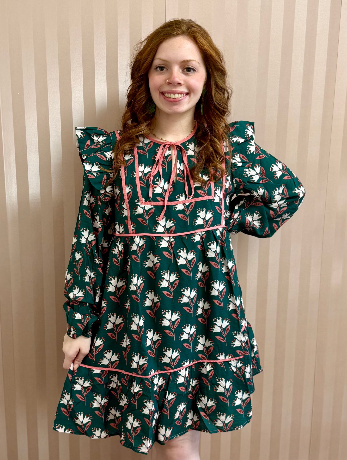 Hunter Green Ruffled Shoulder Floral Dress