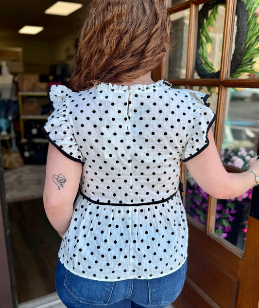 White Polka Dot Ruffle Top