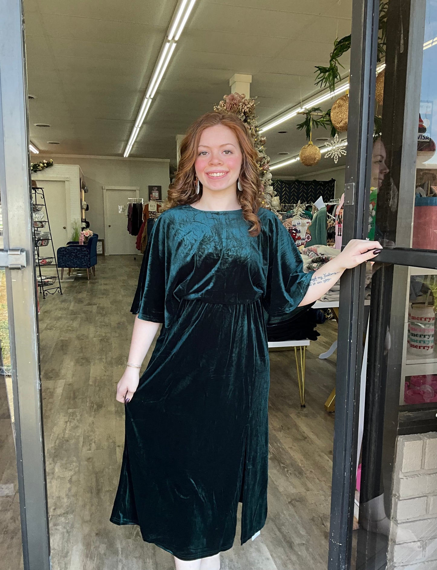 Dark Green Velvet Flutter Sleeve Dress