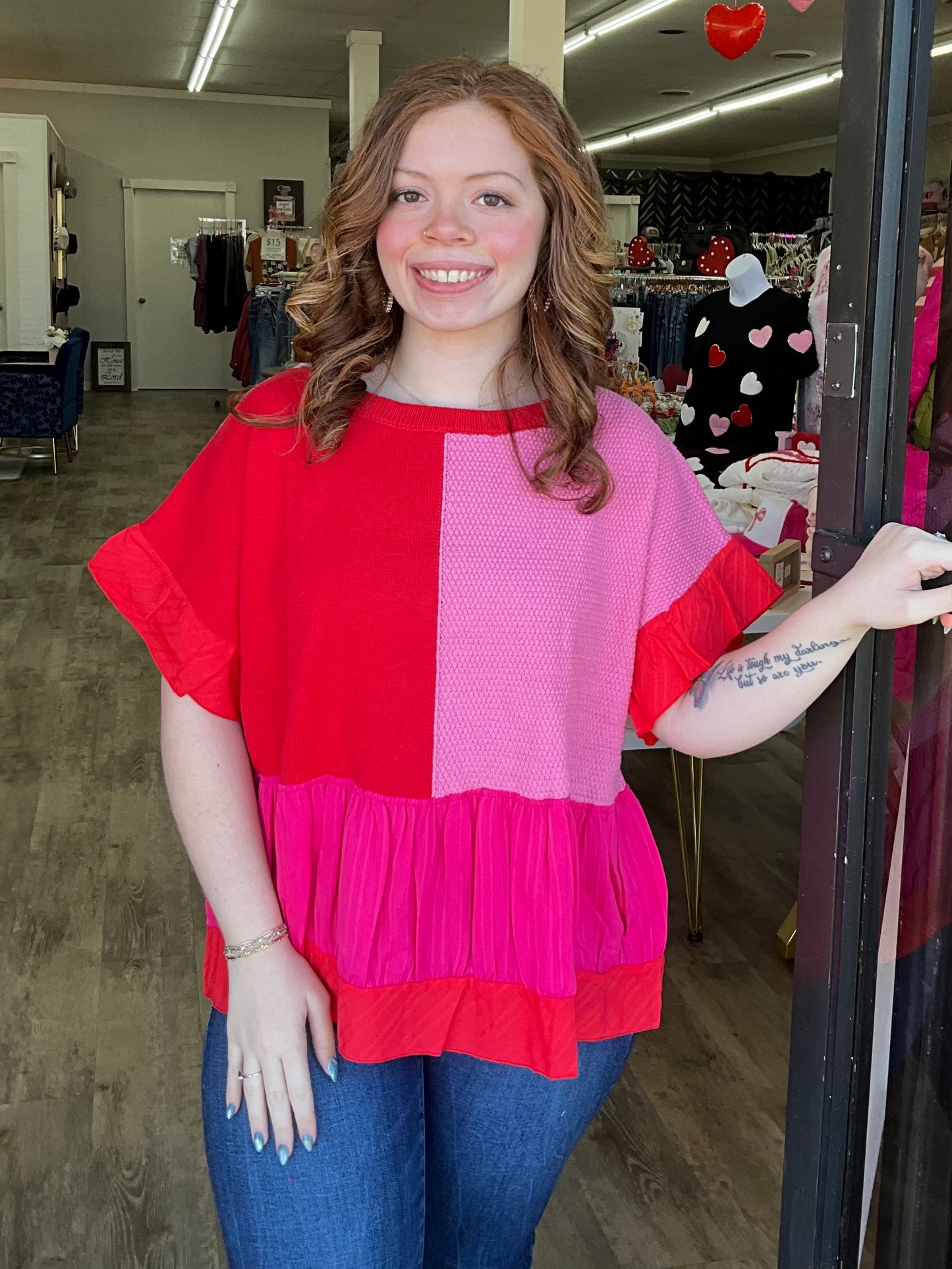 Pink & Red Knitted Ruffle Trim Top