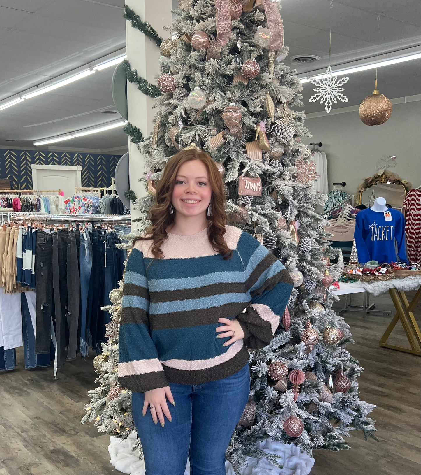 Taupe And Teal Striped Sweater