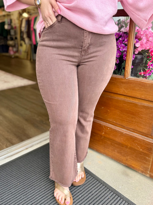 Mahogany Wash High Waist Frayed Hem Bootcut Jeans