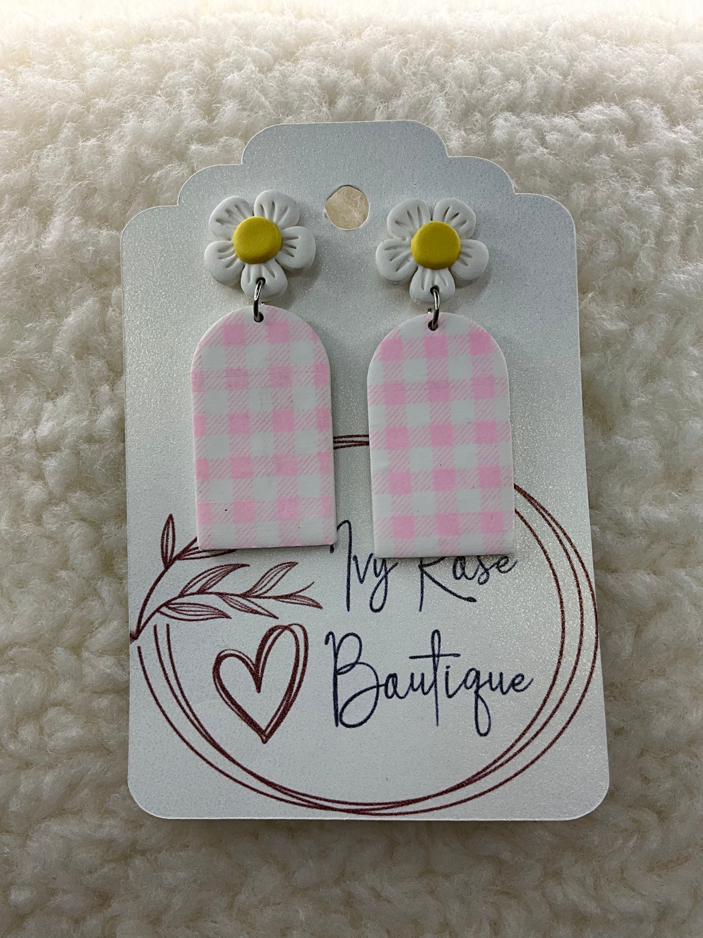 Flower & Pink Gingham Dangle Earrings