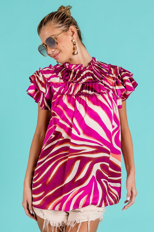 TIERED RUFFLE NECK ZEBRA PATTERN TOP