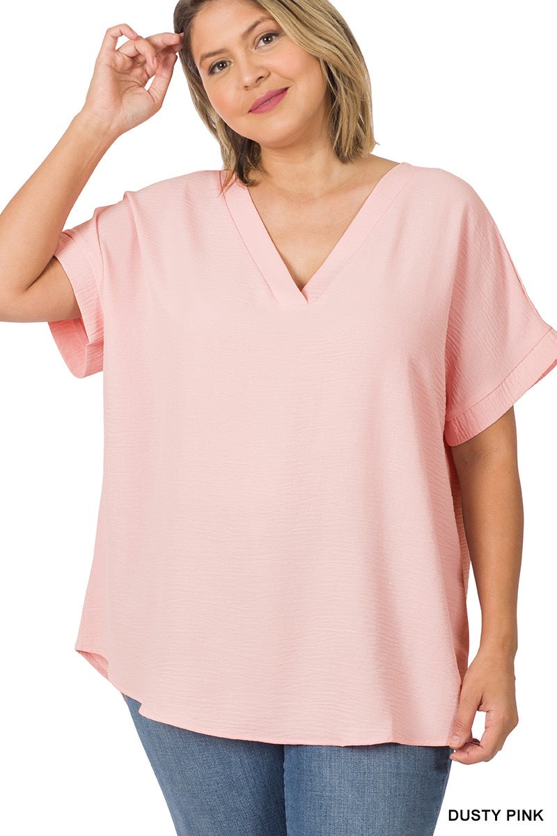 PLUS WOVEN AIRFLOW V-NECK HI-LOW HEM TOP-Pink