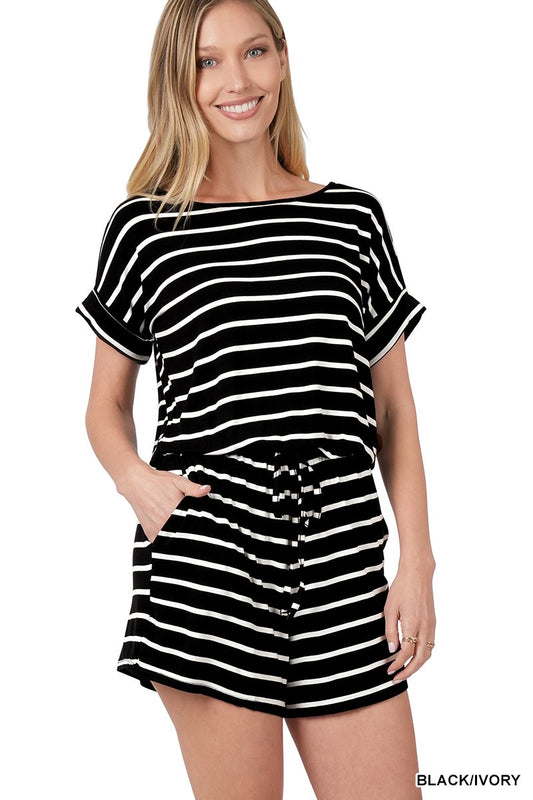 BLACK & WHITE STRIPE ROMPER WITH POCKETS