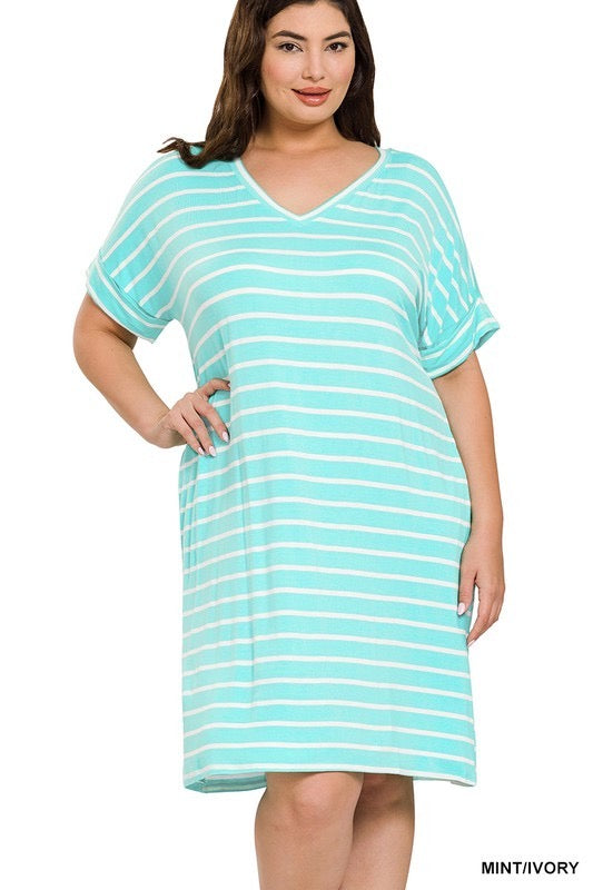 PLUS STRIPE V-NECK DRESS WITH POCKET-MINT/IVORY