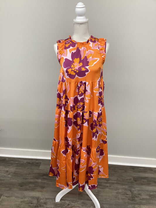 Sleeveless Tiered Maxi Floral Print Dress with Ruffle Neckline & Back Keyhole