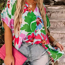 Floral Print Faux Wrap Plus Size Blouse