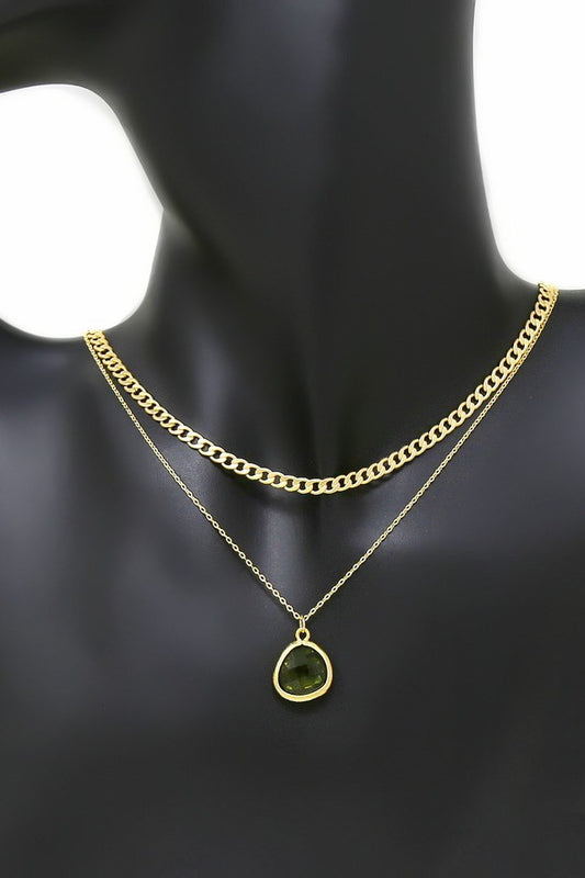 Glass Stone Pendant Layered Chain Necklace Set