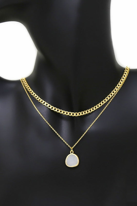 Glass Stone Pendant Layered Chain Necklace Set