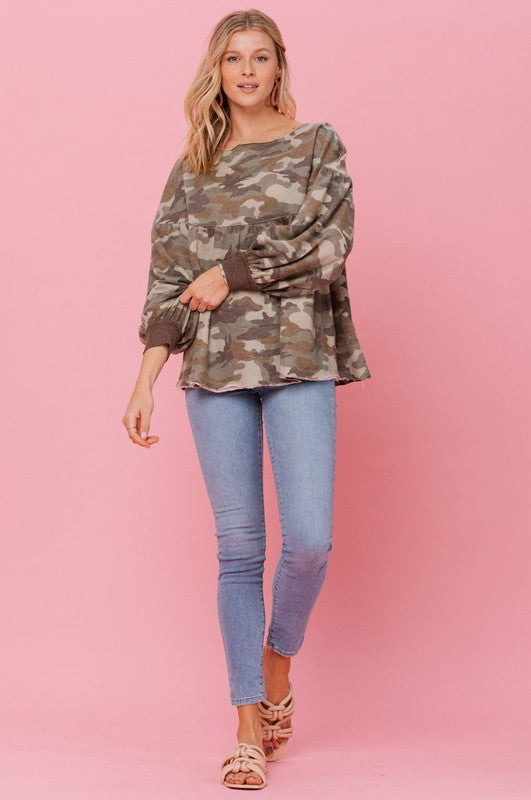 Camouflage Printed Knit Babydoll Top