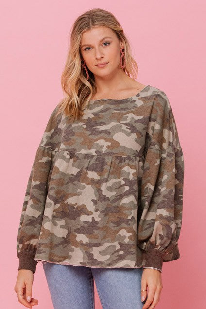 Camouflage Printed Knit Babydoll Top