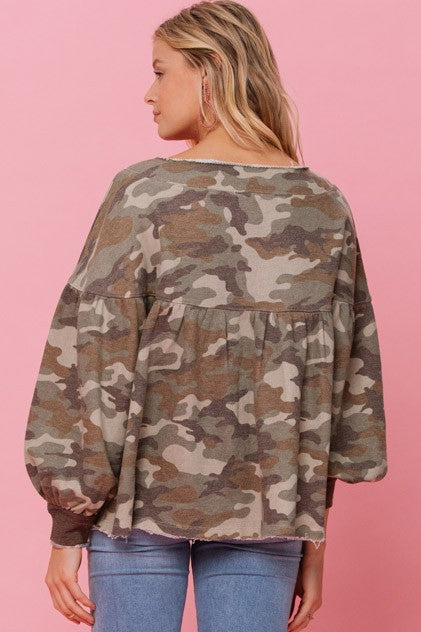 Camouflage Printed Knit Babydoll Top