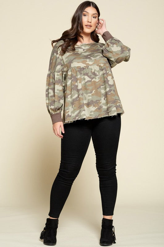 Plus Camouflage Printed Knit Babydoll Top