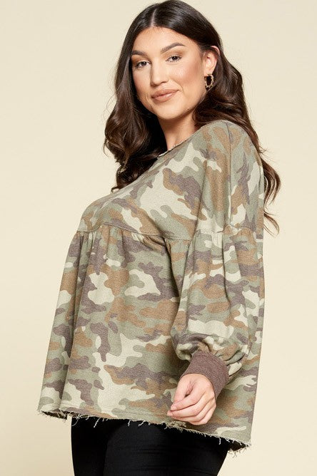 Plus Camouflage Printed Knit Babydoll Top