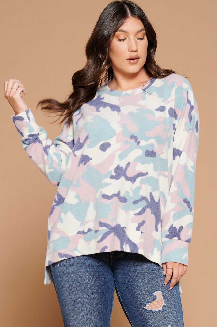 Plus Camouflage Brushed Knit Pullover Sweatshirt