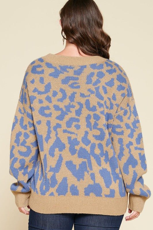 Taupe/Blue Plus Leopard printed knit sweater
