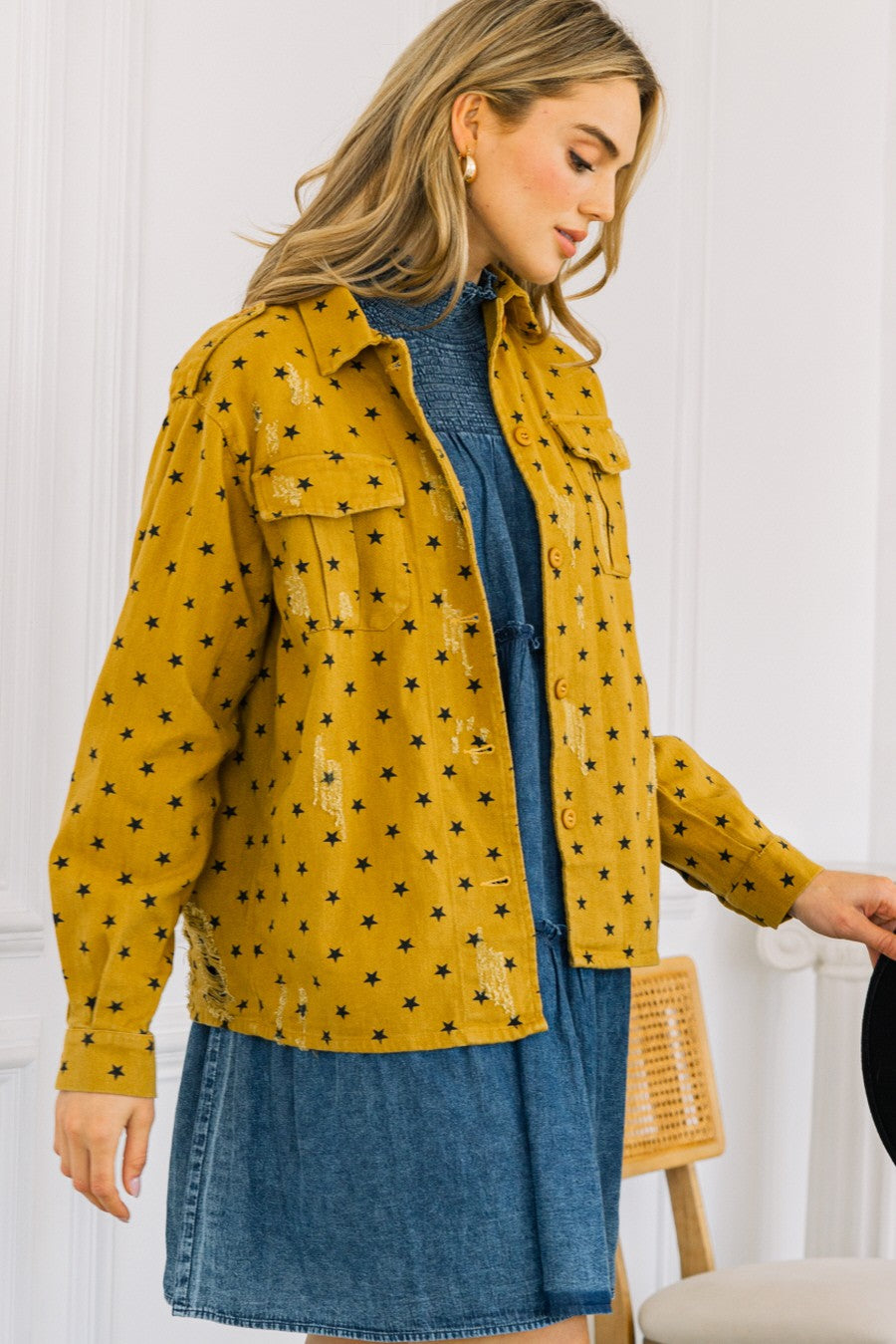 Washed Star Print Button Down Jacket-Gold