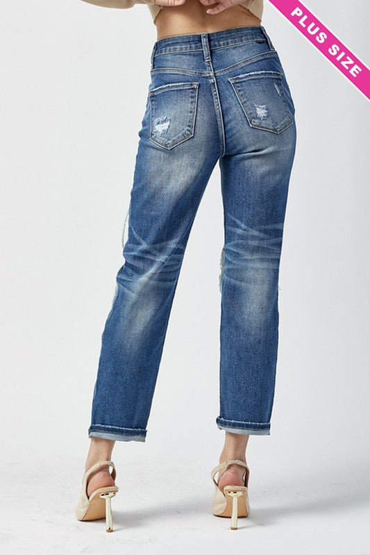 Plus High Rise Patched Straight Jeans
