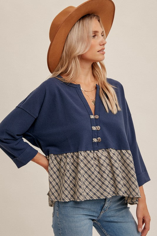 Oversized Plaid Contrast Rib Crop Peplum Top