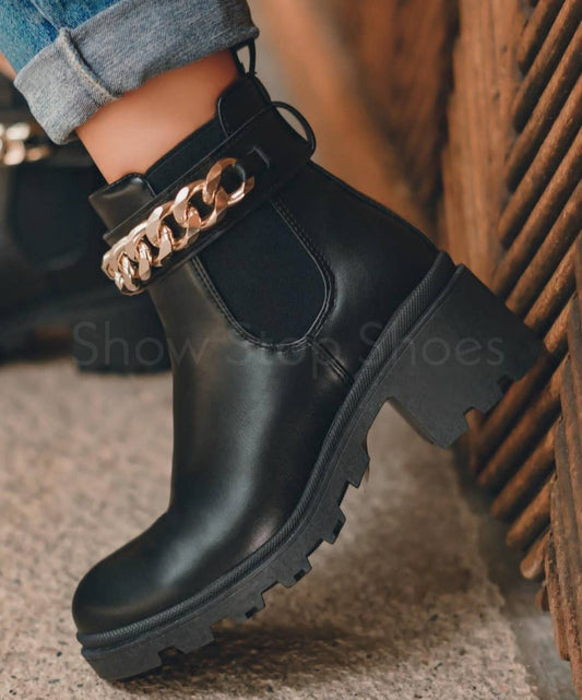 Black Ankle Boot with Gold Chain