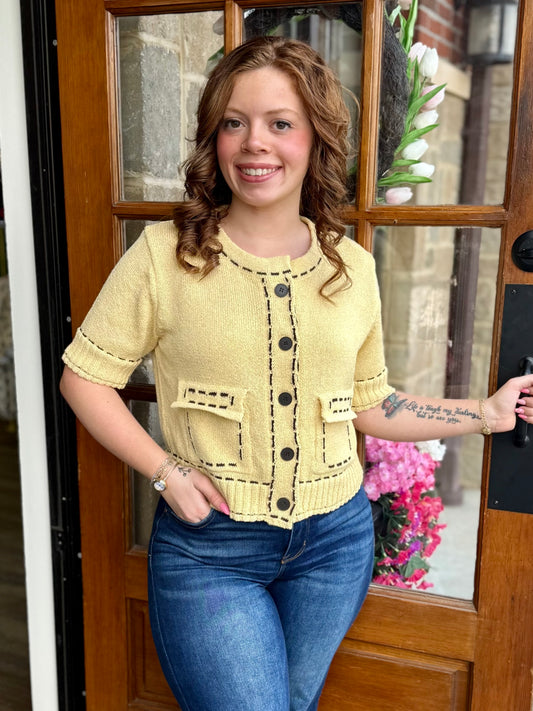 Yellow Contrasting Stitch Sweater Cardigan