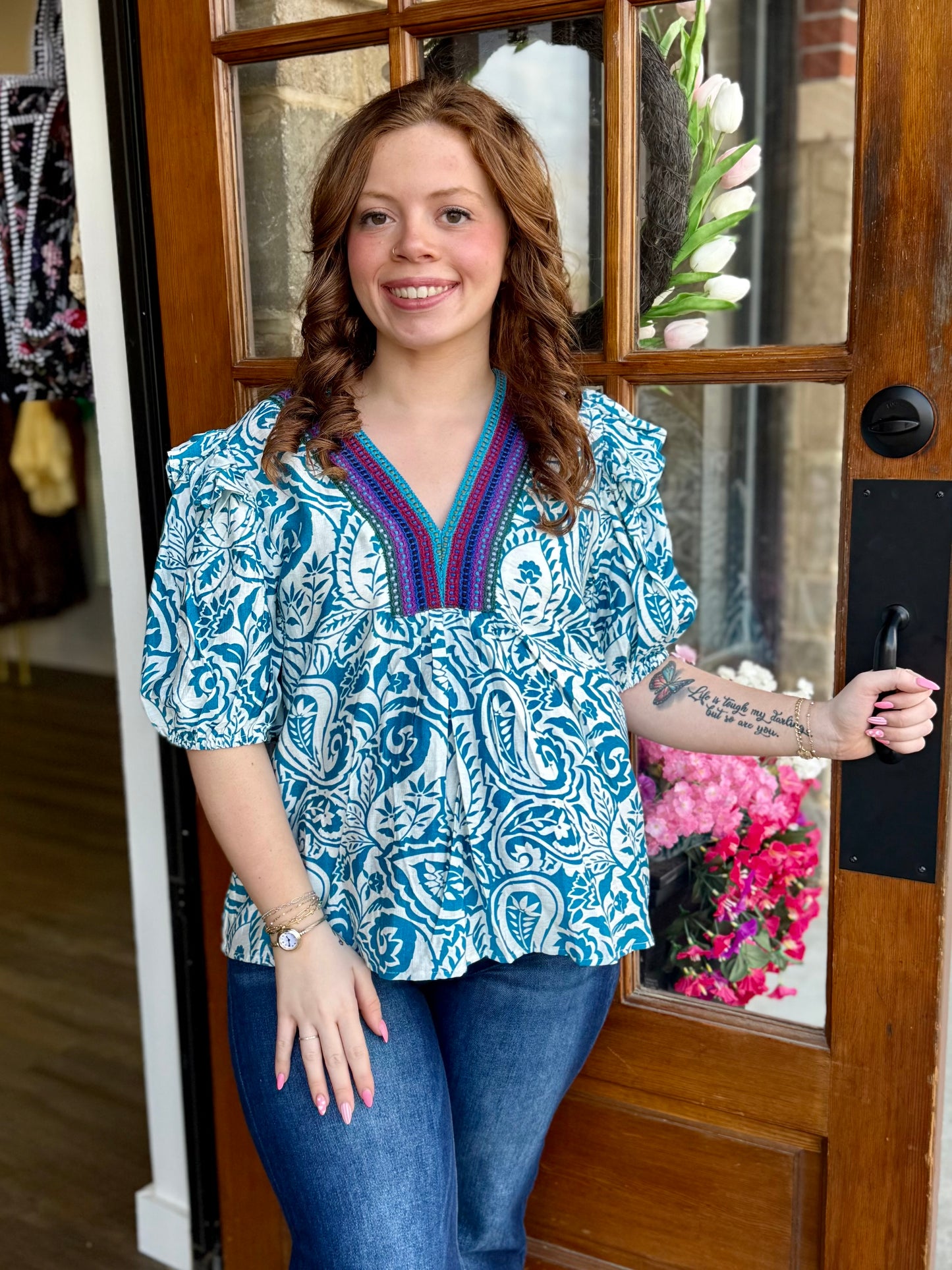 Turquoise Patch Trim Top