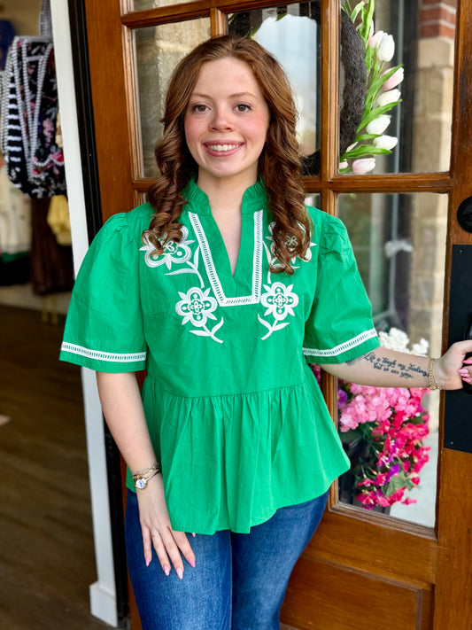 Green Floral Embroidery Top