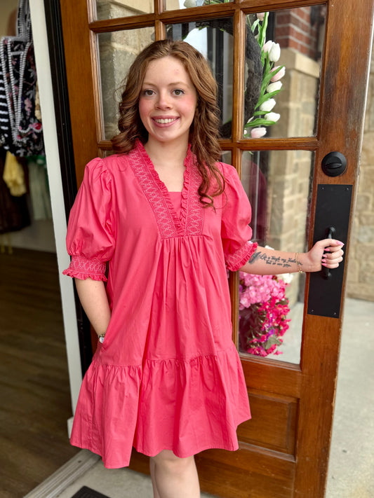 Coral Smocked Neck Mini Dress