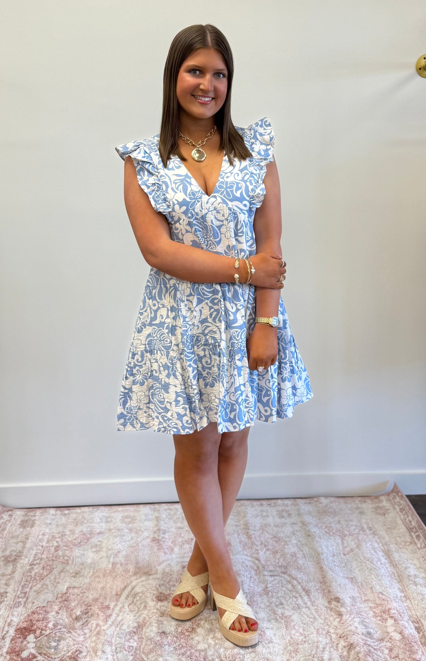 Misty Blue Floral Ruffled Dress