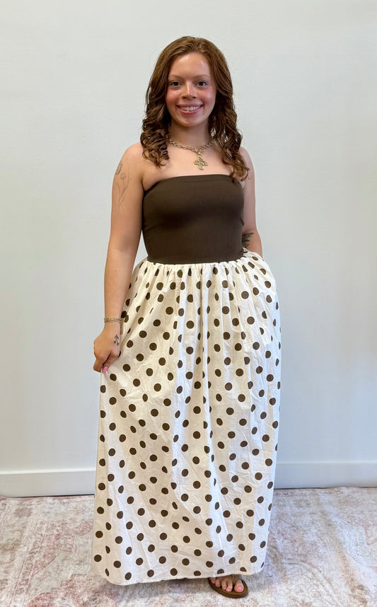 Brown Strapless Polka Dot Tube Dress