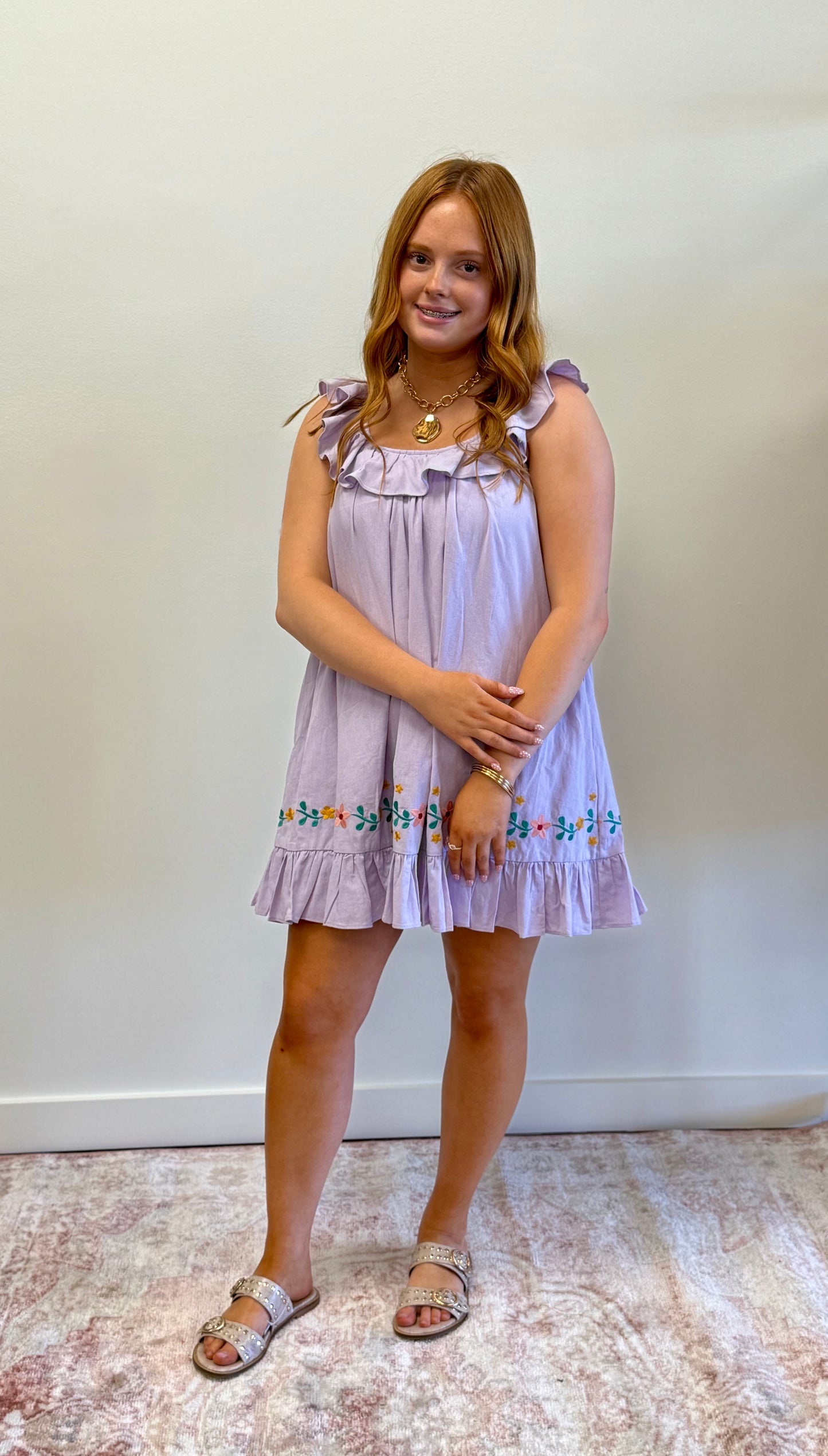 Lavender Floral Ruffle Hem Dress