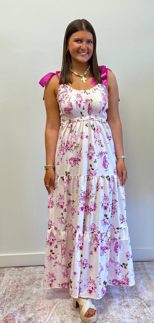 Purple Floral Tiered Ribbon Dress