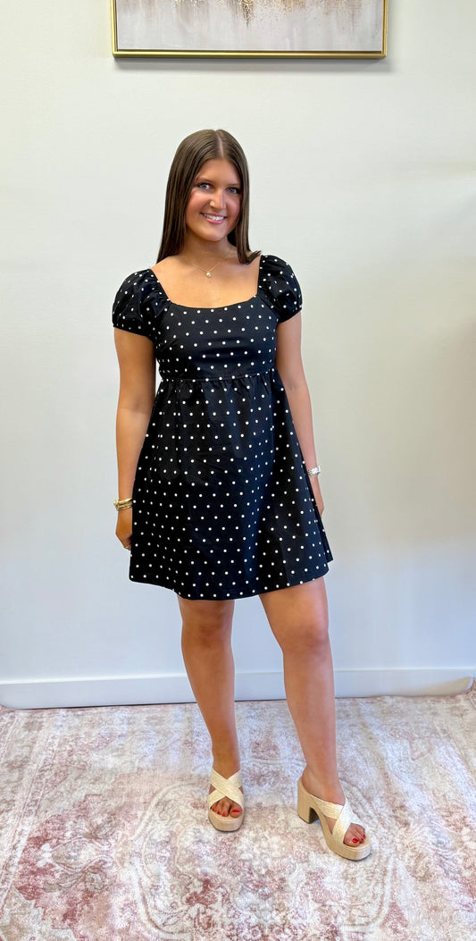 Black Puff Sleeve Polka Dot Mini Dress