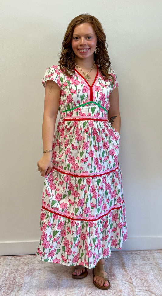 Pink Floral Print Tiered Dress