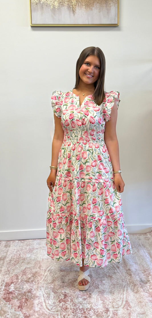 Pink Floral Tiered Dress