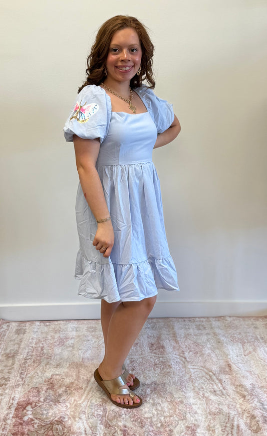 Light Blue Butterfly Patch Dress