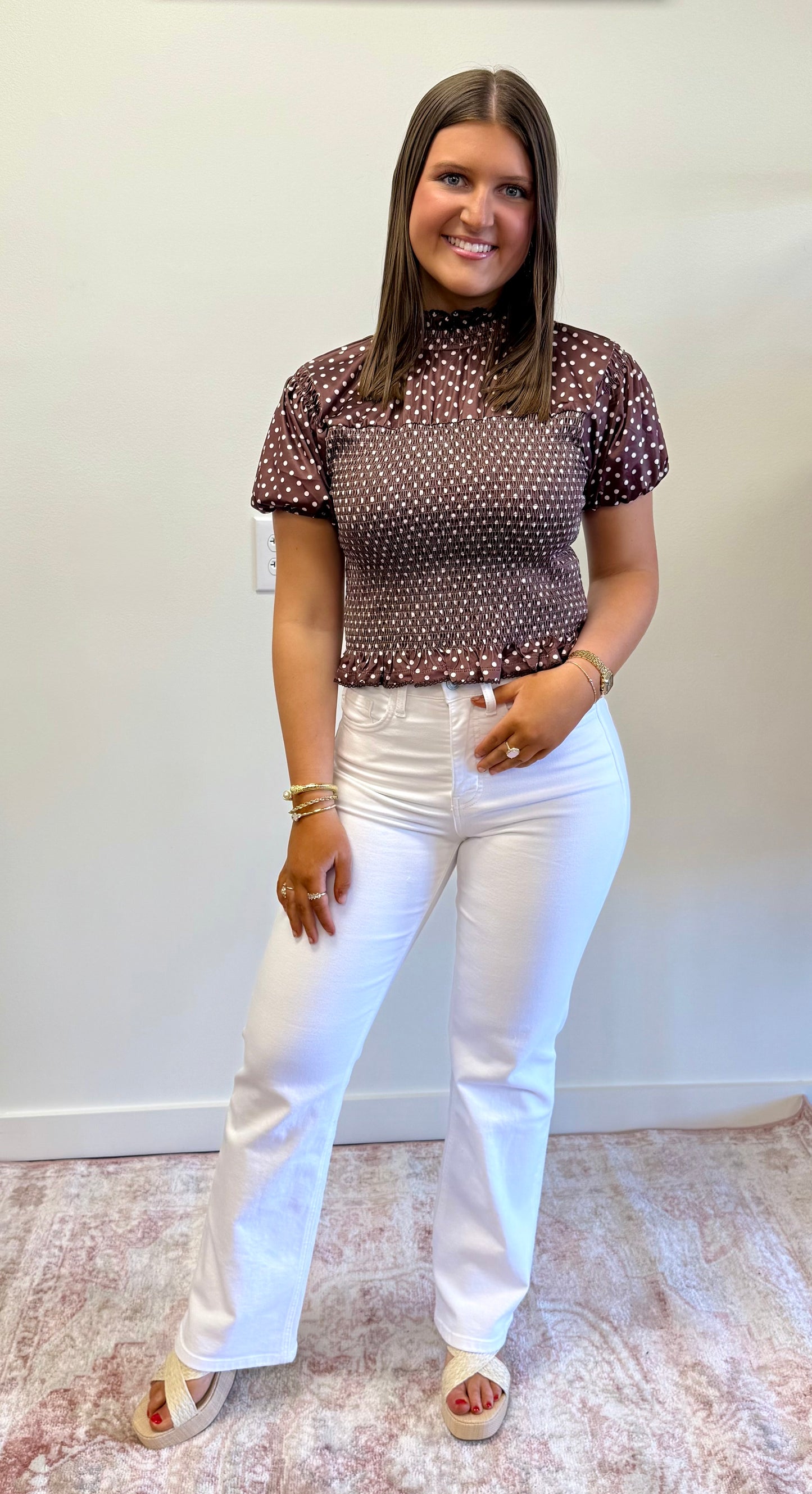 Brown Polka Dot Smocked Mock Neck Top
