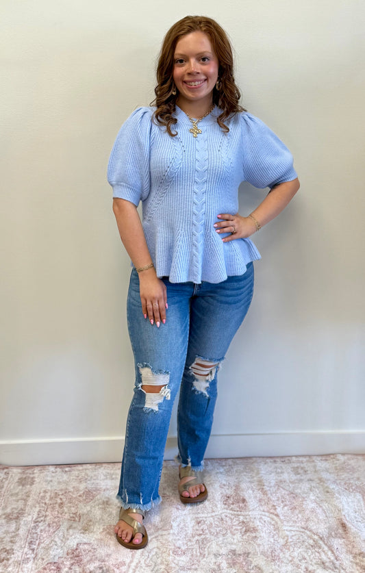 Chambray Flared Puff Sleeve Knit Top