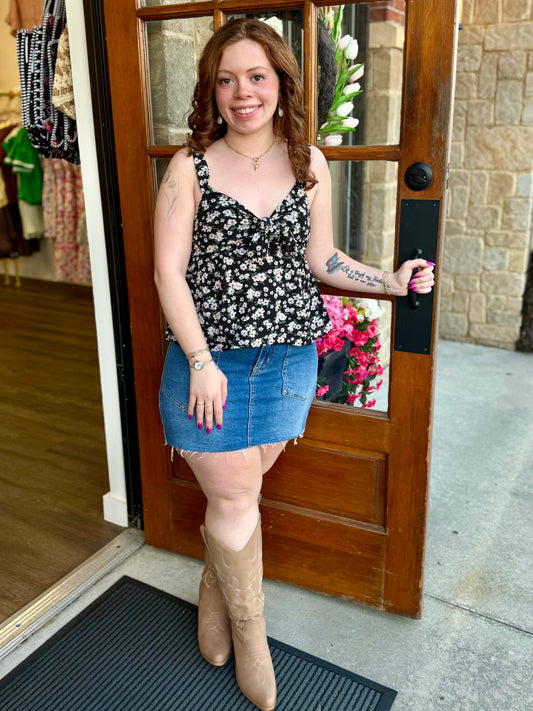 Black Floral Tie Tank Top