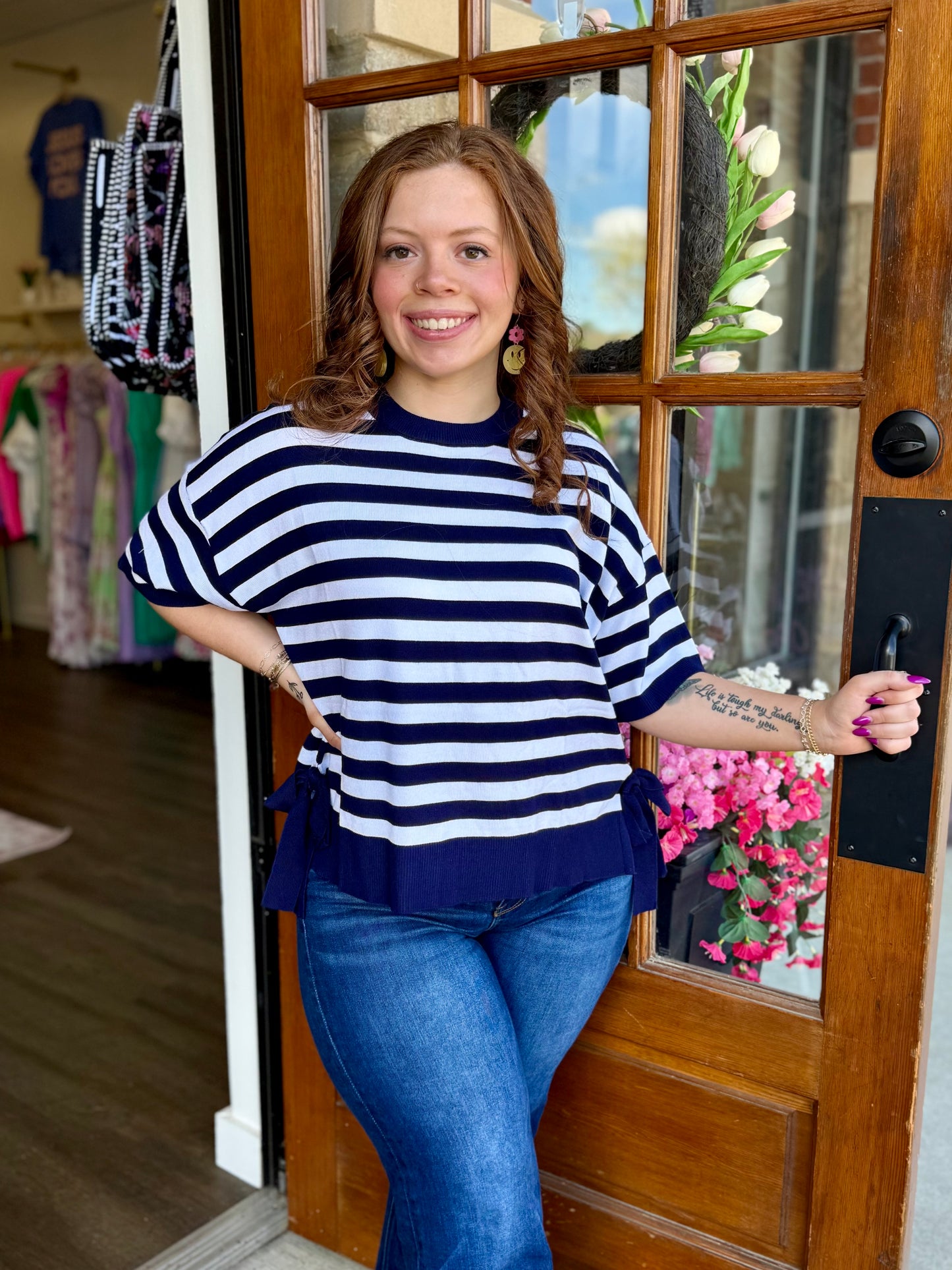 Navy Stripe Bow Side Slit Top