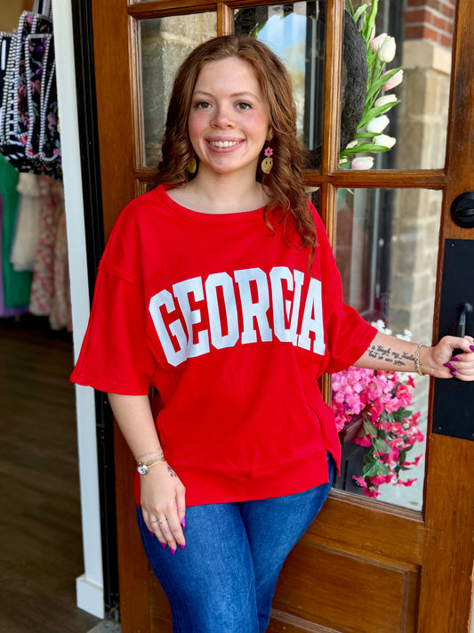 Red GA Raw Seam Drop Shoulder Loose Top